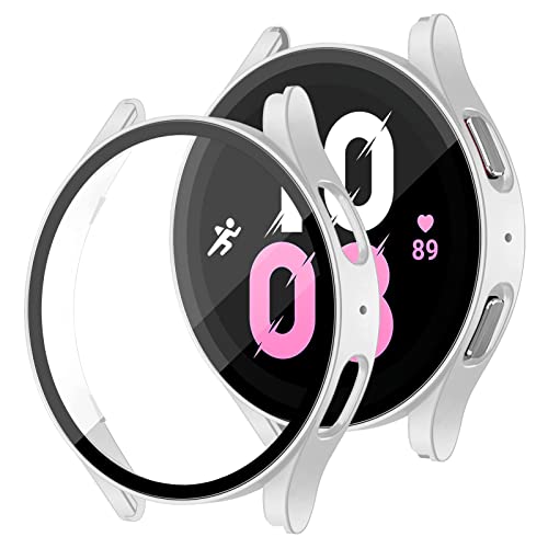 Hartes PC-Gehäuse mit Displayschutz aus Gehärtetem Glas Kompatibel mit Samsung Galaxy Watch 5 Bluetooth 40mm 44mm/LTE 44mm, Anti-Fall Schutzhülle Hülle, Silber 40mm von LEIXIUER