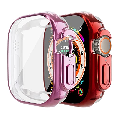 LEIXIUER 2-Stück Cases für Apple Watch Ultra Hülle mit Displayschutz 49mm, TPU Rundum Anti Drop Kratzfest Schutzhülle HD Ultradünne Weiche Schutz Case für iWatch Ultra 49mm,Pink/Rot von LEIXIUER