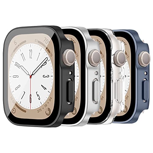 LEIXIUER 4er-Pack Uhrenhüllen kompatibel für Apple Watch Series 8 7 41 mm mit Displayschutz aus gehärtetem Glas, harte PC-Schutzhülle für iWatch Series 8 7 41 mm Set B von LEIXIUER