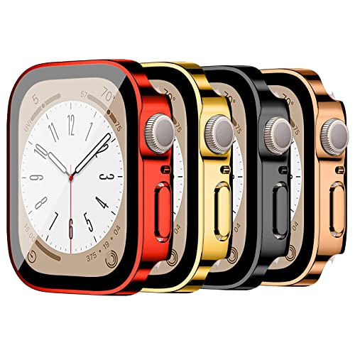 LEIXIUER 4er-Pack Uhrenhüllen kompatibel für Apple Watch Series 8 7 41 mm mit Displayschutz aus gehärtetem Glas, harte PC-Schutzhülle für iWatch Series 8 7 41 mm Set J von LEIXIUER