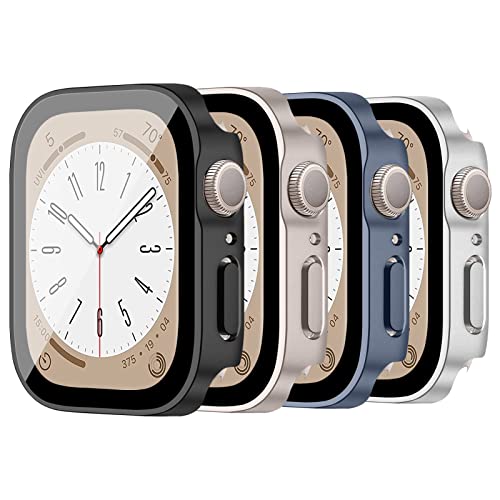 LEIXIUER 4er-Pack Uhrenhüllen kompatibel für Apple Watch Series 8 7 41 mm mit Displayschutz aus gehärtetem Glas, harte PC-Schutzhülle für iWatch Series 8 7 41 mm Set V von LEIXIUER