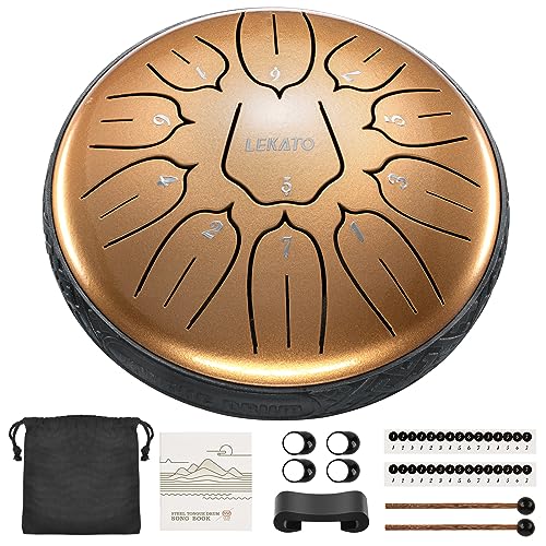 LEKATO 11 Notes 6 Zoll D-Dur Handpan Zungentrommel, Gold Tongue Drum für Heilung Meditation Bildung, Steel Pan Scheibentrommel Schlaginstrument für Einsteiger von LEKATO