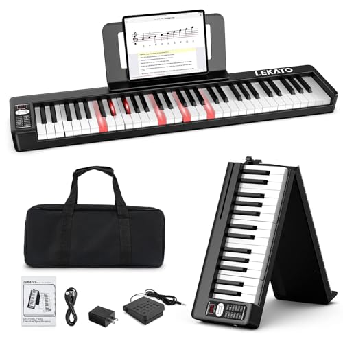 LEKATO 61 Tasten Klapp Klavier Tastatur, Halbgewichtete Tasten Tragbares E-Piano mit Reisetasche, Klavierpedal, Bluetooth MIDI Amp für Anfänger von LEKATO
