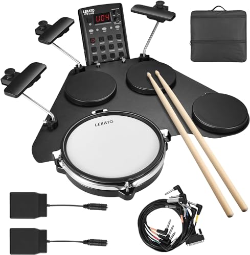 LEKATO E-Drum-Set, Elektronisches Schlagzeug für Anfänger, mit Mesh-Pad, 220+ Sounds, USB MIDI,2 Pedalen, Tragbares E-Schlagzeug Set mit Tragetasche (Schwarz) von LEKATO