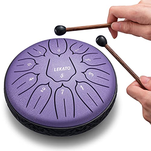 LEKATO Steel Tongue Drum, 6 Zoll 11 Tone D-Dur Zungentrommel Schlagzeug Anfänger, Steel Pan Töne Schlaginstrument, Hand Pan Drum für Meditation Yoga Klangheilung, Lavendel Lila von LEKATO