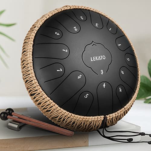 LEKATO Tongue Drum 13 Zoll 15 Noten, Anfänger/Professional Zungentrommel Schlagzeug mit Tragetasche, Hanpan Drum Percussion für Meditation Yoga Musikunterricht, C Key, Schwarz von LEKATO