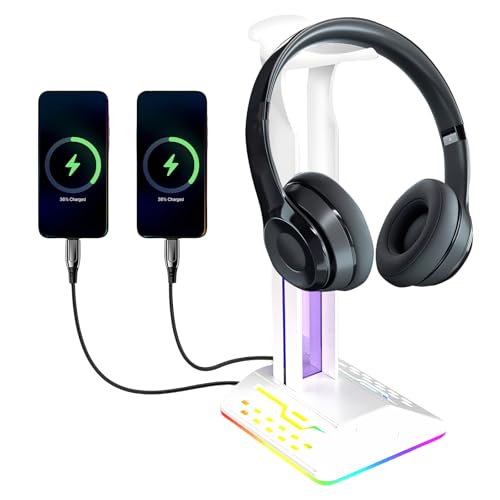 LEKEFETO RGB Gaming Kopfhörer Ständer: RGB Headset Halterung mit 2 USB + Type-C Ports, LED-Beleuchtung Headset Halterung, Universal für alle Headsets (PC, PS5, Xbox) – Weiß von LEKEFETO
