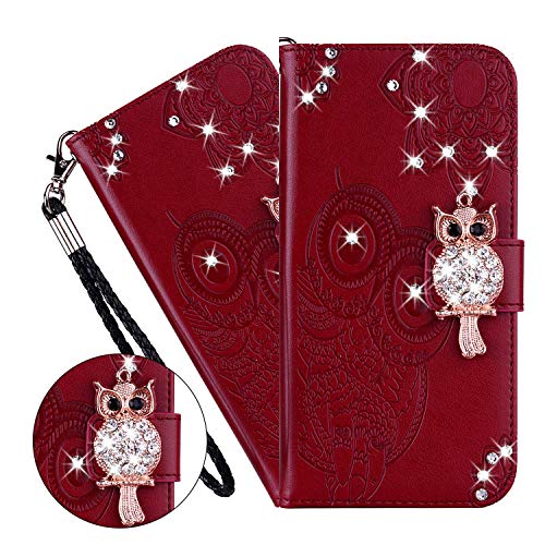 Galaxy S21 FE 5G Hülle,Für Samsung Galaxy S21 FE 5G Handyhülle Glitzer Diamant Eule Blume Prägung Flip Case PU Leder Cover Magnet Schutzhülle Ständer Handytasche für Galaxy S21 FE 5G,YK Owl Brown von LEMAXELERS