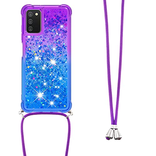 Handykette Handyhülle für Samsung Galaxy A03S,Glitzer Quicksand kreatives Fließende Flüssigkeit schwimmt Silikon Case mit Umhängeband Handykordel Band Kette für Galaxy A03S,YB GS Purple Blue von LEMAXELERS