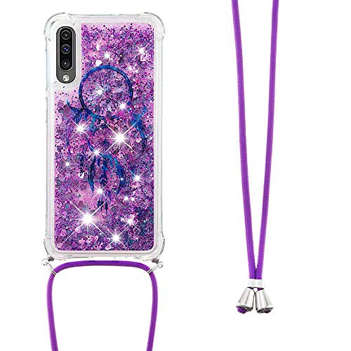 Handykette Handyhülle für Samsung Galaxy A50 Hülle,Glitzer Quicksand kreatives Fließende Flüssigkeit schwimmt Silikon Case mit Umhängeband Handykordel Band Kette für Samsung Galaxy A50,YB GS FL von LEMAXELERS