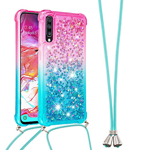 Handykette Handyhülle für Samsung Galaxy A7 2018 Hülle,Glitzer Quicksand kreatives Fließende Flüssigkeit schwimmt Silikon Case mit Umhängeband Handykordel Band Kette für Galaxy A7 2018,YB GS Pink Blue von LEMAXELERS