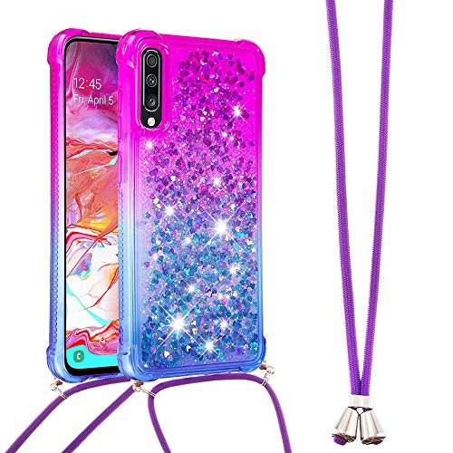 Handykette Handyhülle für Samsung Galaxy A7 2018 Hülle,Glitzer Quicksand kreatives Fließende Flüssigkeit schwimmt Silikon Case mit Umhängeband Handykordel Band Kette für Galaxy A7 2018,YB GS Zi Blue von LEMAXELERS