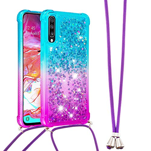 Handykette Handyhülle für Samsung Galaxy A7 2018 Hülle,Glitzer Quicksand kreatives Fließende Flüssigkeit schwimmt Silikon Case mit Umhängeband Handykordel Band Kette für Galaxy A7 2018,YB GS Blue Zi von LEMAXELERS