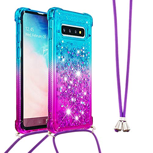 Handykette Handyhülle für Samsung Galaxy S10e Hülle,Glitzer Quicksand kreatives Fließende Flüssigkeit schwimmt Silikon Case mit Umhängeband Handykordel Band Kette für Galaxy S10e,YB GS Blue Purple von LEMAXELERS