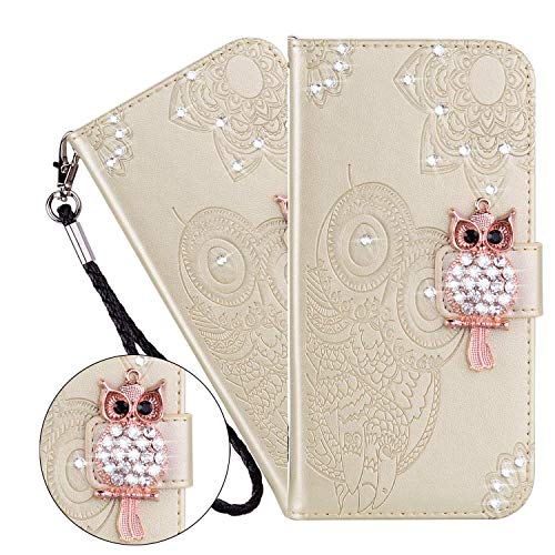 LEMAXELERS Für iPhone 14 Hülle,Für iPhone 14 Handyhülle Glitzer Diamant Eule Blume Prägung Flip Case PU Leder Cover Magnet Schutzhülle Tasche Skin Ständer Handytasche für iPhone 14,YK Owl Gold von LEMAXELERS