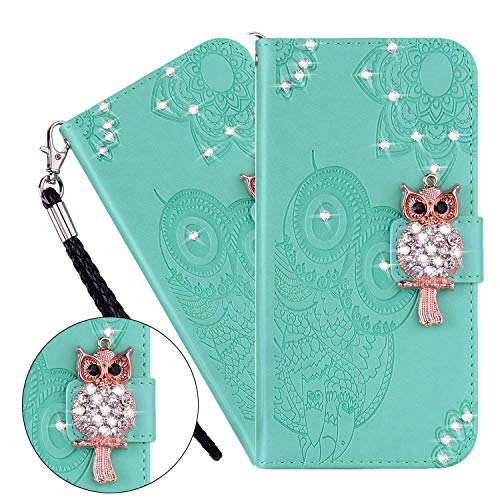 LEMAXELERS Galaxy A12 Hülle,Für Samsung Galaxy A12 Handyhülle Glitzer Diamant Eule Blume Prägung Flip Case PU Leder Cover Magnet Schutzhülle Ständer Handytasche für Samsung Galaxy A12,YK Owl Green von LEMAXELERS