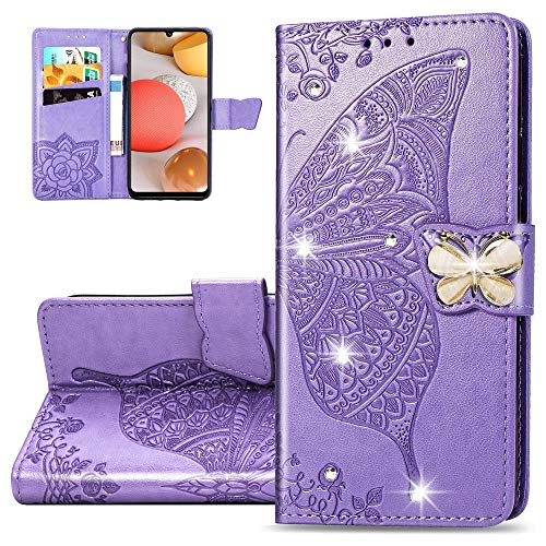 LEMAXELERS Galaxy A54 5G Hülle,Samsung Galaxy A54 5G Handyhülle Prägung Glitzer Diamant Schmetterling Blumen Flip Case PU Leder Cover Magnet Schutzhülle Handytasche für Galaxy A54 5G,SD Die L Purple von LEMAXELERS