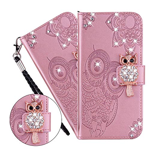 LEMAXELERS Galaxy S10 Lite Hülle,Für Samsung Galaxy S10 Lite Handyhülle Glitzer Diamant Eule Blume Prägung Flip Case PU Leder Cover Magnet Schutzhülle Handytasche für Galaxy S10 Lite,YK Owl Rose von LEMAXELERS