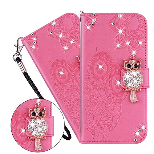 LEMAXELERS Galaxy S10 Plus Hülle,Galaxy S10 Plus Handyhülle Glitzer Diamant Eule Blume Prägung Flip Case PU Leder Cover Magnet Schutzhülle Ständer Handytasche für Samsung Galaxy S10 Plus,YK Owl Pink von LEMAXELERS