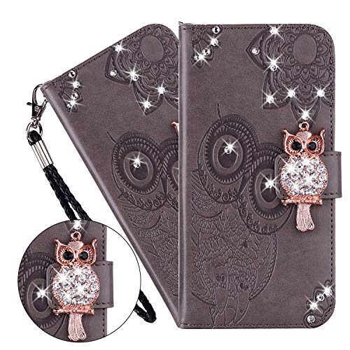 LEMAXELERS iPhone 13 Hülle,iPhone 13 Handyhülle Glitzer Diamant Eule Blume Prägung Flip Case PU Leder Cover Magnet Schutzhülle Tasche Skin Ständer Handytasche für iPhone 13 6.1 Zoll,YK Owl Gray von LEMAXELERS