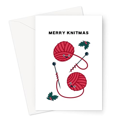 Frohe Knitmas Grußkarte | Lustige Strick-Wortspiel-Weihnachtskarte, zwei Strickwollkugeln mit Nadeln und Stechpalme, Merry Christmas von LEMON LOCO