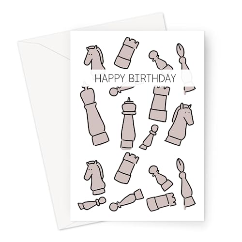 Happy Birthday Schachdruck Grußkarte | Handillustrierte Schachfigur Muster Geburtstagskarte für Schachspieler, Karte für Schachmeister von LEMON LOCO