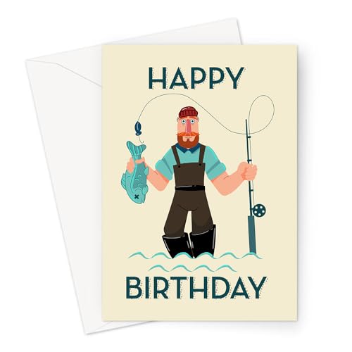 LEMON LOCO Happy Birthday Fishing Greeting Card | Fisherman In Waders Holding Rod And Fish Happy Birthday Card, Hobby Birthday Card For Fisherman von LEMON LOCO