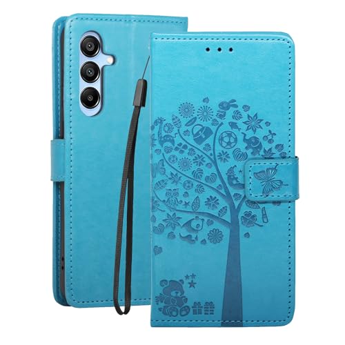 LEMORRY HandyHülle für Galaxy A55 Leder Tasche Hülle für Galaxy A55 Klapphülle [Glücksbärchi] mit Kartensteckplatz Beutel Weich Silikon Schale Case Schutz Hülle für Galaxy A55, Blau von LEMORRY