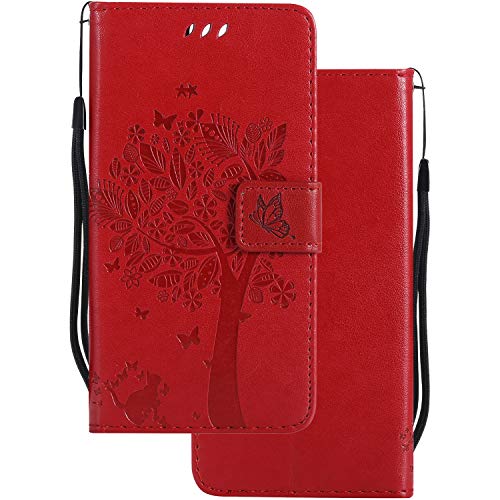 LEMORRY Handyhülle für Huawei Mate 10 Pro Hülle Tasche Ledertasche Flip Beutel Slim Schutz Magnetisch SchutzHülle Weich Silikon Cover Schale für Huawei Mate 10 Pro, Glücklicher Baum (Rot) von LEMORRY