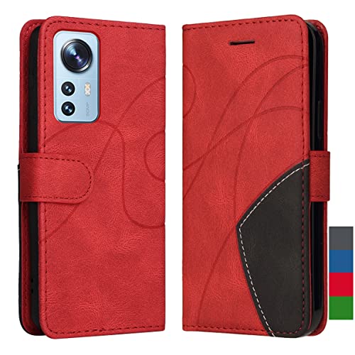 LEMORRY Handyhülle für Xiaomi 12 Lite Ledertasche Klapphülle Case mit Magnetisch Kartenschlitz Schale Stehen Brieftasche TPU Silikon Schutz Hülle für Xiaomi 12 Lite, Rot von LEMORRY