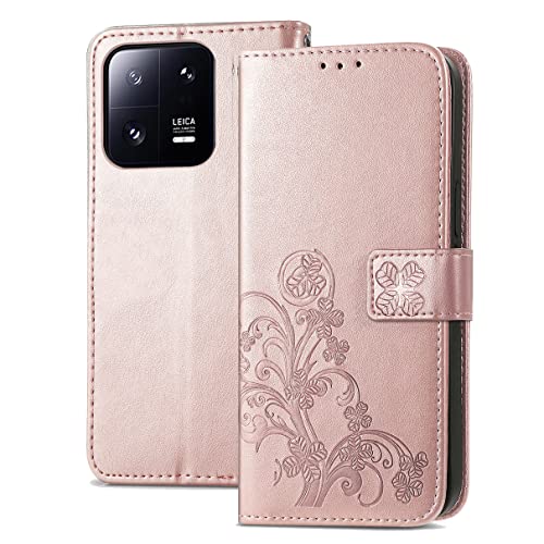 LEMORRY Handyhülle für Xiaomi 13 Ledertasche Klapphülle Case Schale Stehen Brieftasche mit Magnetisch Kartenschlitz TPU Silikon Schutz Hülle für Xiaomi 13, Rosegold von LEMORRY