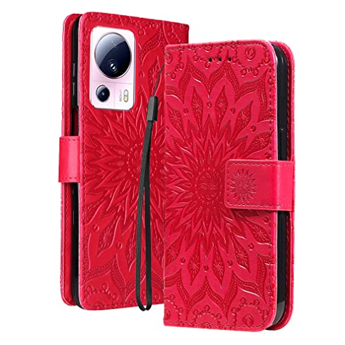 LEMORRY Handyhülle für Xiaomi 13 Lite, Leder Hülle für Xiaomi 13 Lite Brieftasche Schale Silikon [Kartenschlitz] Schutz Klapphülle für Xiaomi 13 Lite, Rot von LEMORRY
