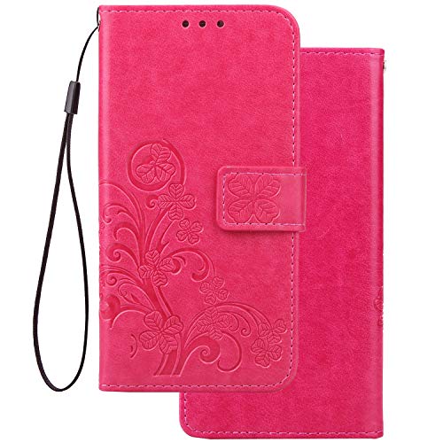 LEMORRY Handyhülle kompatibel für Xiaomi Redmi 4 4X Hülle Ledertasche Cover Schutzhülle Schutz Magnetisch Beutel Weich Silikon Cover Schale mit Kreditkarten-Slot, Glücklicher Klee (Pink) von LEMORRY