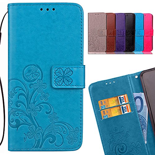 LEMORRY Handyhülle kompatibel für Xiaomi Redmi Note 4X Hülle Tasche Leder Cover Schutzhülle Schutz Magnetisch Beutel Weich Silikon Schale Mit Kreditkarten-Slot, Glücklicher Klee Blau von LEMORRY