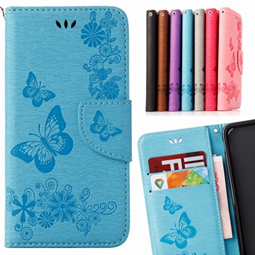 LEMORRY Samsung Galaxy A5 (2017) Hülle Tasche Ledertasche Flip Beutel Slim Schutz Magnetisch Schließung SchutzHülle Weich Silikon Cover Schale für Galaxy A5 (2017), Butterfly Blau von LEMORRY