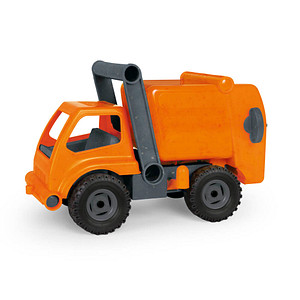 LENA EcoActives Müllwagen Sandfahrzeug rot Führerhaus zum Öffnen und Bespielen, verriegelbarer Müllbehälter mit Mülltonne und Hebel mit Kippfunktion Größe von LENA
