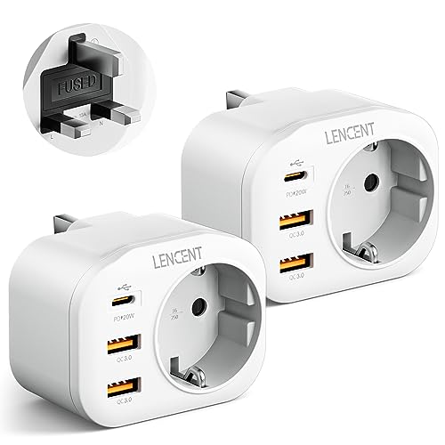 LENCENT 2X Reiseadapter Netzadapter UK Adapter England Deutschland Stecker, mit 2 USB QC3,0 + 1 Typ-C PD Anschlüße, Typ G Reisestecker Stromadapter für Großbritannien Irland Steckdose von LENCENT