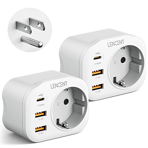 LENCENT 2X Reiseadapter Netzadapter USA Adapter Amerika Deutschland Stecker, mit 2 USB QC3,0 + 1 Typ-C PD Anschlüße, Typ B Reisestecker Stromadapter für USA Amerika Kanada Mexiko Steckdose von LENCENT