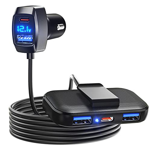 LENCENT 5 USB Ports Auto Ladegerät Zigarettenanzünder Netzadapter 31W(Max) 3 USB-A & 2 Typ-C USB Anschlüße für Vorder- und Rücksitz Passagier mit Verlängerung 1,5M Kabel von LENCENT