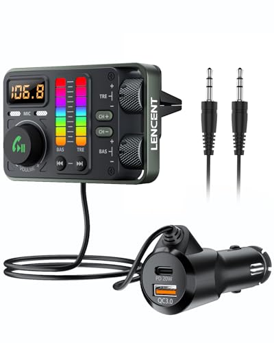 LENCENT Bluetooth 5.3 Auto FM Transmitter, PD20W QC18W Schnelles Autoladegerät, Radio Bluetooth Auto Adapter mit Dual Mics für Freisprecheinrichtung, Siri&Google, U Disk/3.5mm AUX, Hi-Fi Treble & Bass von LENCENT