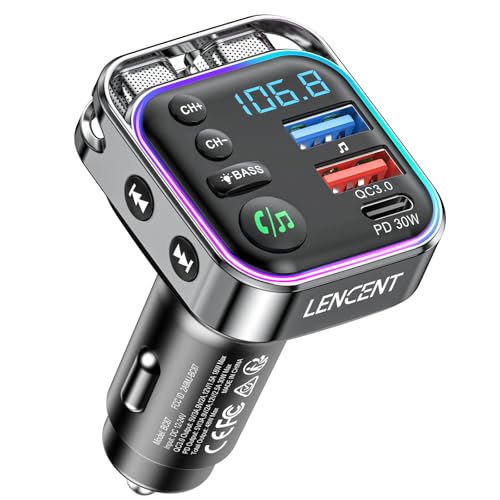 LENCENT Bluetooth 5,3 FM Transmitter, PD 30W & QC3.0 Schnellladegerät, Hi-Fi Musik Klares Telefonieren, Auto Adapter für Radio, Freisprecheinrichtung von LENCENT