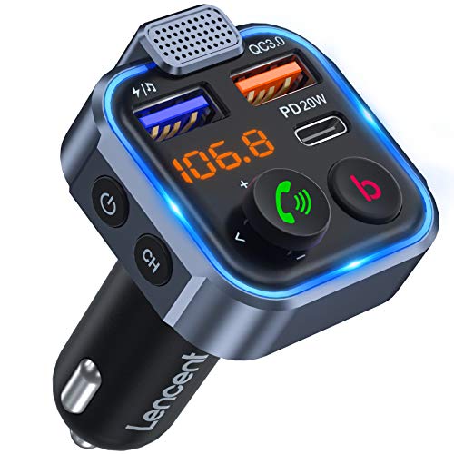 LENCENT FM Transmitter Bluetooth V5.3 Auto Radio Deep Bass Musik Adapter Freisprecheinrichtung Auto Ladegerät mit Dual USB Anschlüsse PD Typ-C QC 3.0 USB Schnellladung mit Blauem Umgebungslicht von LENCENT