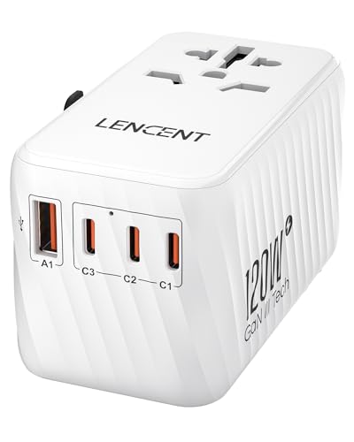 LENCENT Internationaler Reiseadapter, 120W GaN3 Universeller Adapter mit 3 PD3.0 Type C+1 QC USB A, Weltweit Adapter für Handys, All in One Reisestecker für EU/USA/UK/AU Steckdosen, Weiß von LENCENT