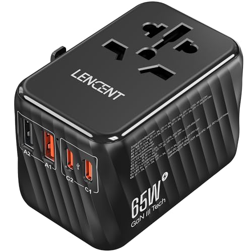 LENCENT Internationaler Reiseadapter, 65W GaN3 Universeller Adapter mit 2 PD3.0 Type C+2 QC USB A, Weltweiter Stromadapter, All in One Reisestecker für EU/USA/UK/AU Steckdosen, Schwarz von LENCENT