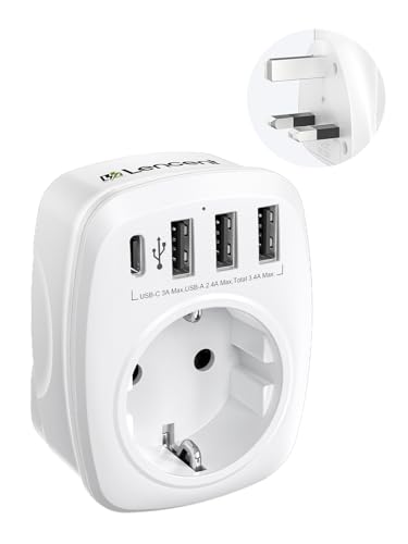 LENCENT Reiseadapter Adapter England Deutschland Stecker, EU auf UK, Typ-G Reisestecker für Großbritannien Irland Wand Steckdosen, Mit 3 USB/1 Typ C/AC Steckdosenadapter von LENCENT