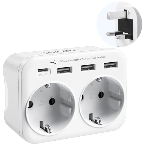 LENCENT Reiseadapter UK Deutschland Stecker, Typ G Steckdose, Reisestecker mit 1 USB-C&3 USB-A Ports, Doppelte EU Schuko auf UK für England, Großbritannien, Schottland, Irland, Malediven Stckdosen von LENCENT