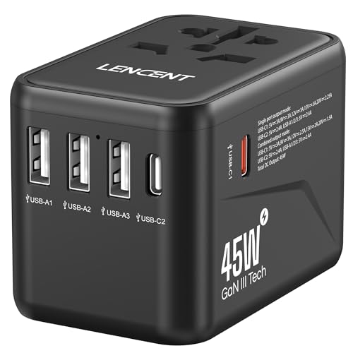 LENCENT Universal Reiseadapter, GaN III 45W Internationales Ladegerät mit 3 USB & 2 USB-C PD Schnellladung Anschlüssen, Weltweiter Ladeadapter für Typ A/C/G/I, USA/UK/EU/AUS Steckdosen, Schwarz von LENCENT