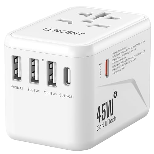 LENCENT Universal Reiseadapter, GaN III 45W Internationales Ladegerät mit 3 USB & 2 USB-C PD Schnellladung Anschlüssen, Weltweiter Ladeadapter für Typ A/C/G/I, USA/UK/EU/AUS Steckdosen, Weiß von LENCENT