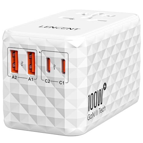 LENCENT Universal Reiseadapter 100W Schnellladung, Internationaler Reisestecker Adapter für Typ A/C/G/I(UK,EU,AU,US) Steckdosen, 2 USB-A & 2 USB-C Schnelles Aufladen für Handy, Laptops, Weiß von LENCENT