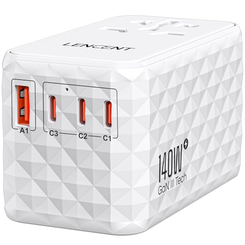 LENCENT Universal Reiseadapter 140W Schnellladung, Internationaler Reisestecker Adapter für Typ A/C/G/I(UK,EU,AU,US) Steckdosen, 1 USB-A & 3 Typ C PD Schnelles Aufladen für Handy, Laptops, Weiss von LENCENT